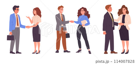 Colleagues shaking hands. Business people handshake, business deal or agreement, men and woman shaking hands flat vector illustration set. Office workers handshake 114007828