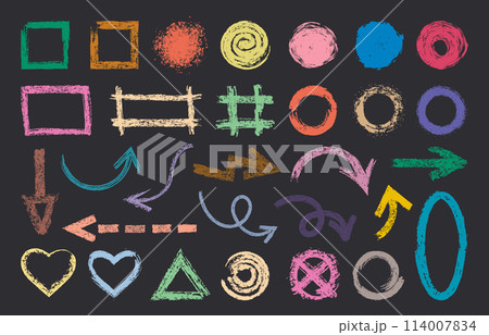 Grunge chalk strokes. Rough charcoal pencil scribble, texture chalk brushes, abstract hand drawn flat vector symbols illustration set. Colorful chalk signs Grunge chalk strokes. Rough charcoal pencil scribble, texture chalk brushes, abstract hand drawn flat vector symbols illustration set. Colorful chalk signs 114007834