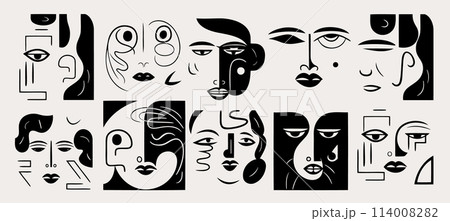 Big Set of Various Faces, abstract shapes in the style of Matisse. Ink painting style. Contemporary Hand drawn Vector illustrations. Continuous line minimalistic elegant concept. All elements isolated Big Set of Various Faces, abstract shapes in the style of Matisse. Ink painting style. Contemporary Hand drawn Vector illustrations. Continuous line minimalistic elegant concept. All elements isolated 114008282