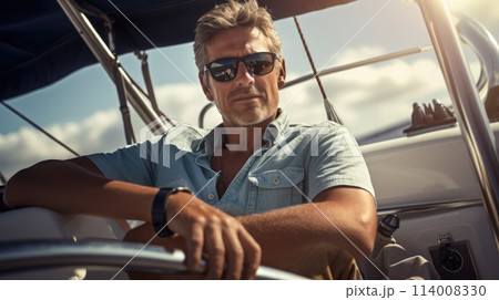 Yacht skipper on sunny day, portrait on blurred background 114008330