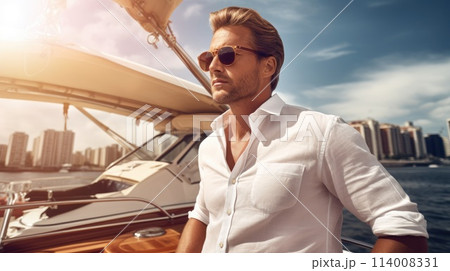 Yacht skipper on sunny day, portrait on blurred background 114008331