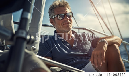 Yacht skipper on sunny day, portrait on blurred background 114008332