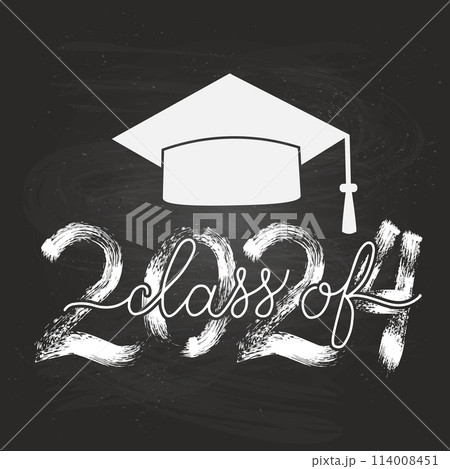 Class of 2024 lettering with graduation cap on chalkboard background. Congratulations to graduates typography poster. Vector template for greeting card, banner, label, etc. 114008451