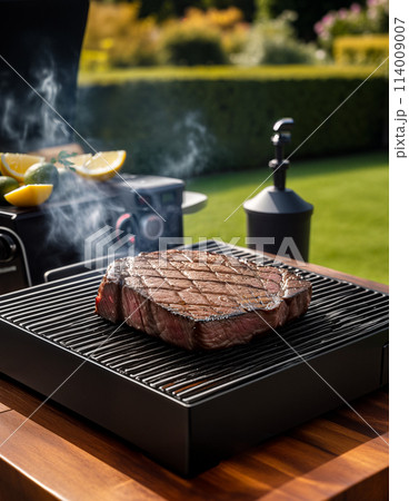 Steak on the table or on the grill in the backyard of a house or villa on a weekend or vacation. Sunny day, close-up 114009007