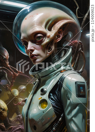 A female humanoid or alien in a room with a gloomy atmosphere. Science fiction in yellow-green-turquoise colors 114009023