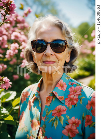 A modern happy old or senior woman stylishly dressed in a flowered shirt and sunglasses stands on a background of flower bushes on a sunny day. Close-up 114009063