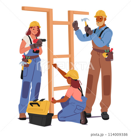 Builder Characters At Work Concept. Diligent Crews Wield Tools, Erect Structures And Craft Spaces, Vector Illustration Builder Characters At Work Concept. Diligent Crews Wield Tools, Erect Structures And Craft Spaces, Vector Illustration 114009386