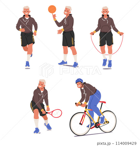 Elderly Man Performing Various Activities Including Jumping Rope, Playing Basketball, Tennis, Jogging And Riding Bicycle 114009429