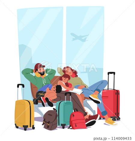 Family With Kids Sprawled In Airport Terminal, Exhausted Parents And Children Characters Sitting On Benches And Sleeping 114009433