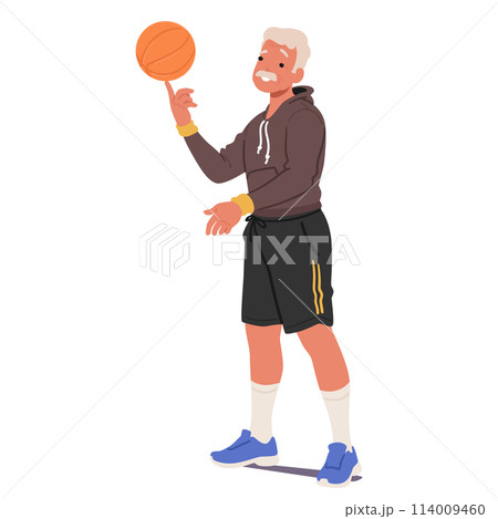 Elderly Man In Sports Uniform And Shorts Spinning Effortlessly Basketball Ball Atop His Index Finger, Showcasing Skills 114009460