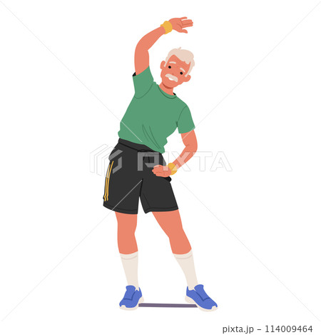 Elderly Man In Sportswear Is Stretching, Old Fit Male Character Do Bends Embodies An Active, Healthy Lifestyle 114009464