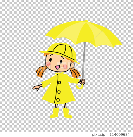 一個穿著黃色雨衣打著傘的女孩的插圖 114009684
