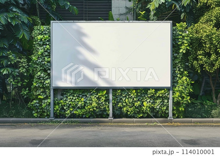 White billboard mockup on spring summer green leaves background. generative ai. White billboard mockup on spring summer green leaves background. generative ai. 114010001