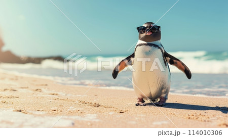 Illustrating climate change, a penguin in sunglasses stands on a sunny beach, a surreal scene, Ai Generated. Illustrating climate change, a penguin in sunglasses stands on a sunny beach, a surreal scene, Ai Generated. 114010306