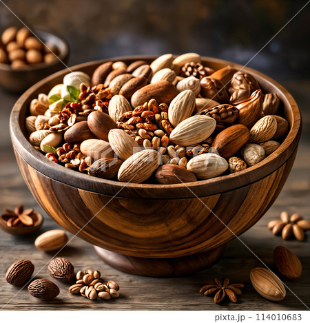 Bowl full of nuts on table. Bowl full of nuts on table. 114010683