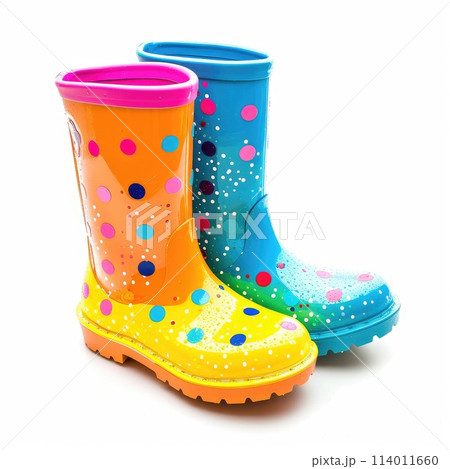 Colorful children's rain boots, playful puddle companions. Splash-ready style, Ai Generated. 114011660