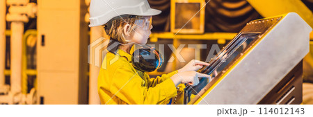 BANNER, LONG FORMAT Boy operator recording operation of oil and gas process at oil and rig plant, offshore oil and gas industry, offshore oil and rig in the sea, operator monitor production process BANNER, LONG FORMAT Boy operator recording operation of oil and gas process at oil and rig plant, offshore oil and gas industry, offshore oil and rig in the sea, operator monitor production process 114012143