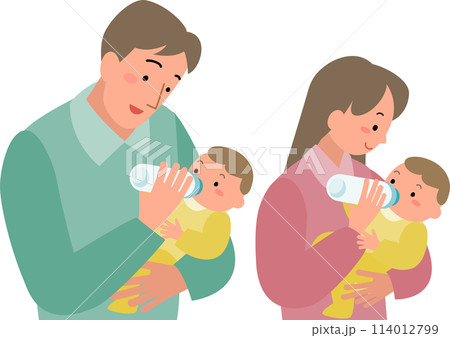 赤ちゃんにミルクを飲ませる父親と母親のセット 114012799