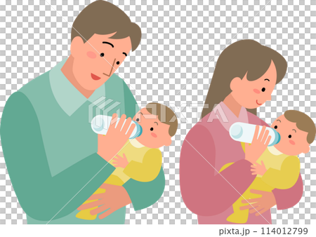 赤ちゃんにミルクを飲ませる父親と母親のセット 114012799
