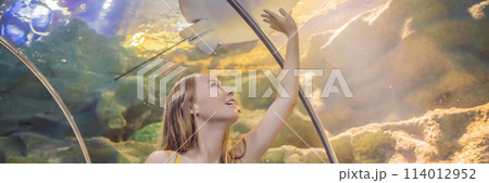 Young woman touches a stingray fish in an oceanarium tunnel BANNER, LONG FORMAT Young woman touches a stingray fish in an oceanarium tunnel BANNER, LONG FORMAT 114012952