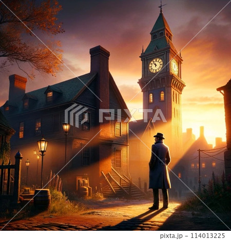 黄昏時の時計塔と探偵 114013225