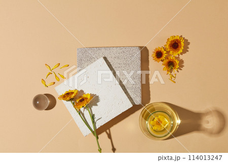 A stack of two stone podiums displayed with Calendula flowers, a glass ball and a conical flask filled with liquid of Calendula flower extract. Minimal podium display for cosmetic product presentation A stack of two stone podiums displayed with Calendula flowers, a glass ball and a conical flask filled with liquid of Calendula flower extract. Minimal podium display for cosmetic product presentation 114013247