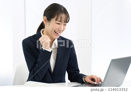 パソコンの前でガッツポーズをする女性 114013352