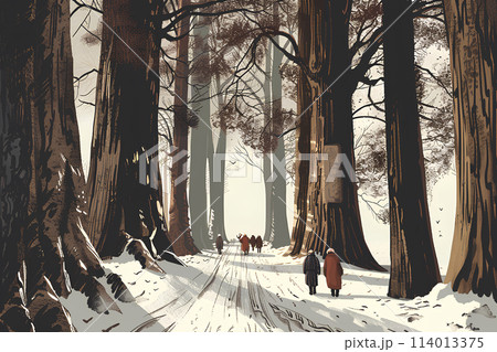 大きな杉と旅人たちの風景 114013375