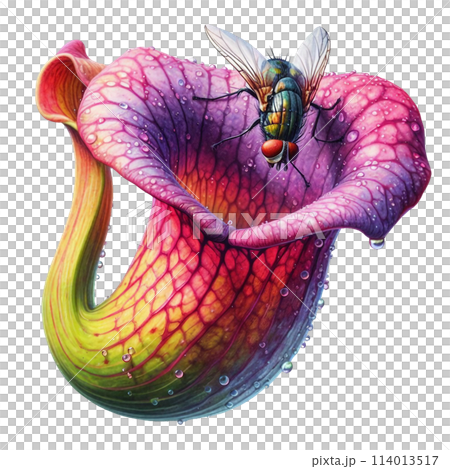 a fly is sitting on a flower in a pitcher plant	 114013517