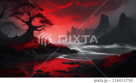 赤と黒の不気味な海岸の背景イラスト 114013750