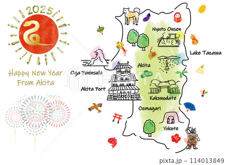 秋田県の観光地のイラストマップ年賀状2025年 秋田県の観光地のイラストマップ年賀状2025年 114013849
