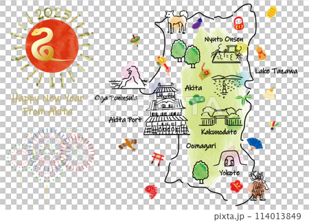 秋田県の観光地のイラストマップ年賀状2025年 秋田県の観光地のイラストマップ年賀状2025年 114013849