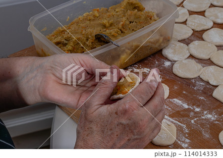 Woman hands are making a damp dumpling. . 114014333