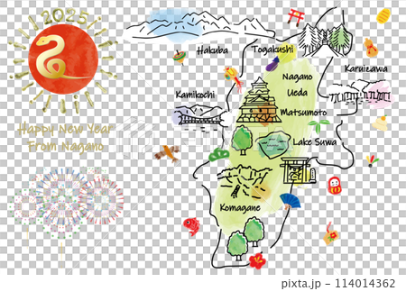 Nagano Prefecture tourist destination illustrated map New Year's card 2025 114014362
