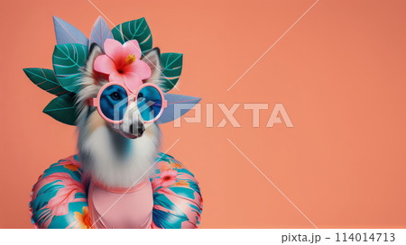 Funny dog wearing summer fashion on pastel background with copy space. Summer Vacation Concept. 114014713