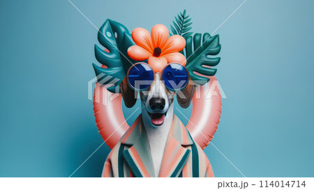 Funny dog wearing summer fashion on pastel background with copy space. Summer Vacation Concept. 114014714