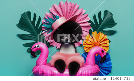 Funny dog wearing summer fashion on pastel background with copy space. Summer Vacation Concept. 114014715