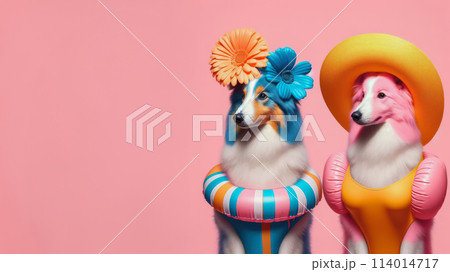 Funny dog wearing summer fashion on pastel background with copy space. Summer Vacation Concept. 114014717