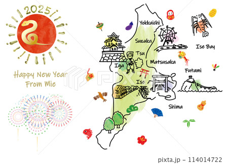 三重県の観光地のイラストマップ年賀状2025年 三重県の観光地のイラストマップ年賀状2025年 114014722