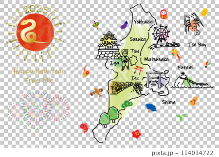 Illustrated map of tourist spots in Mie prefecture New Year's card 2025 Illustrated map of tourist spots in Mie prefecture New Year's card 2025 114014722