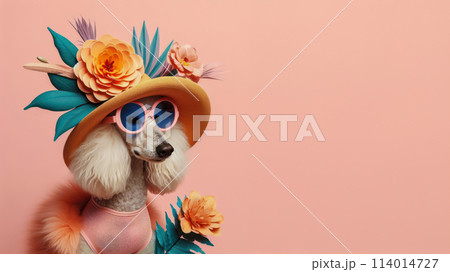 Funny dog wearing summer fashion on pastel background with copy space. Summer Vacation Concept. 114014727