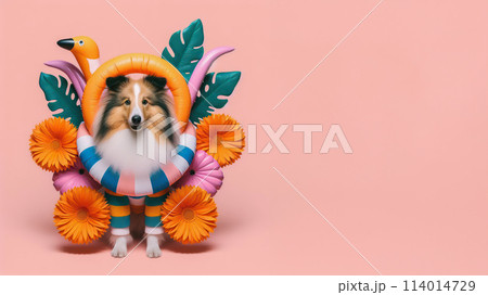 Funny dog wearing summer fashion on pastel background with copy space. Summer Vacation Concept. 114014729