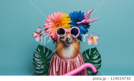 Funny dog wearing summer fashion on pastel background with copy space. Summer Vacation Concept. 114014730