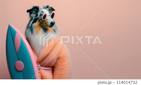 Funny dog wearing summer fashion on pastel background with copy space. Summer Vacation Concept. 114014732