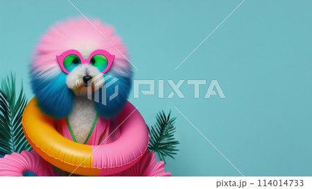 Funny dog wearing summer fashion on pastel background with copy space. Summer Vacation Concept. 114014733