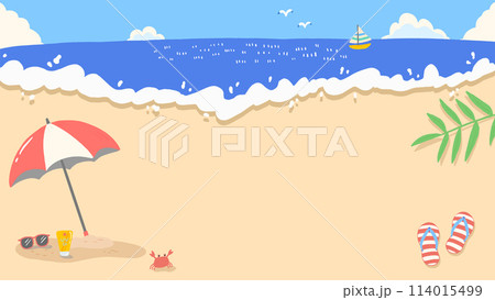 夏の海、青空とビーチの明るい背景、かわいい手描きイラスト 114015499