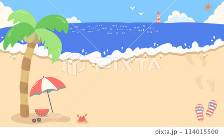 夏の海、青空とビーチの明るい背景、かわいい手描きイラスト 114015500