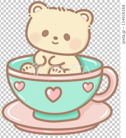 Handdrawn illustration Cute kawaii yellow teddy bear on a tea cup ride clipart fun amusement park pastel color greeting card birthday invitation 114016168