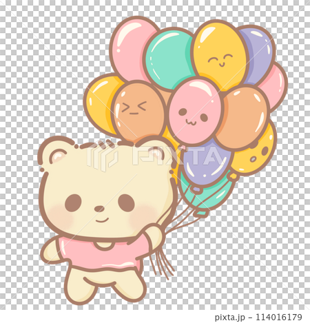 Handdrawn illustration Cute kawaii yellow teddy bear holding a bunch of colorful balloons clipart fun amusement park pastel color greeting card birthday invitation Handdrawn illustration Cute kawaii yellow teddy bear holding a bunch of colorful balloons clipart fun amusement park pastel color greeting card birthday invitation 114016179