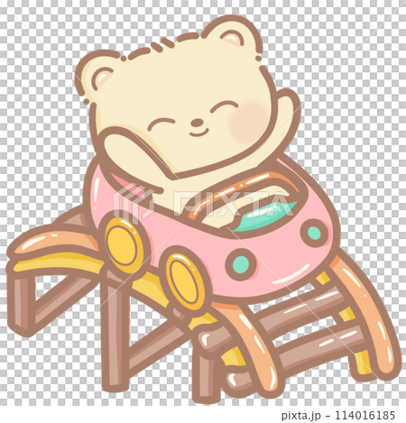 Handdrawn illustration Cute kawaii yellow teddy bear on a roller coaster train clipart fun amusement park pastel color greeting card birthday invitation 114016185